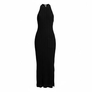 Ganni Maxi Dress Women Black Ribbed Knit Halter Open Back Pocket Detail